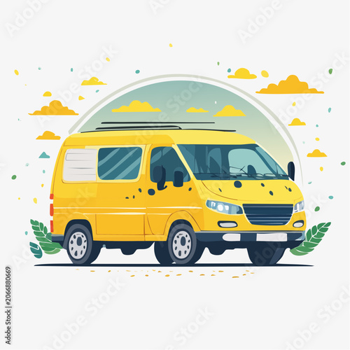 Yellow van illustration with clouds and leaves