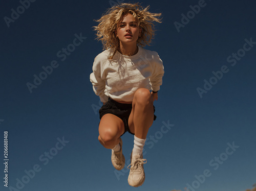 Young girl leaps mid-air against deep clear blue sky in vintage film grain texture, oversized white Nike sweatshirt paired with black shorts, dynamic tousled hair catching outdoor bright daylight.
