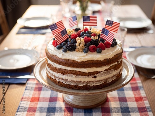 close up on cake decorated with USA flag colors, celebrating 4th of july/ Independence Day
