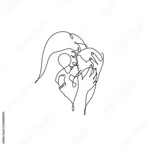 One line drawing illustration of a mother with baby. Loving mom and newborn drawn from the hand a picture of the silhouette. Modern minimalism art. Parent and child in the minimalist style. Vector ill