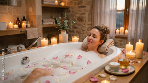 Woman Relaxing in Bathtub with Foam, Candles and Flower Petals, Cozy Home Spa Mood