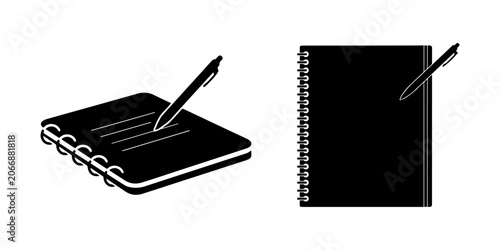 Notebook and pen set with solid black silhouette icon on white background featuring stationery, writing tools, flat design with vector and line art, notebook with a pen Icon silhouette vector white b
