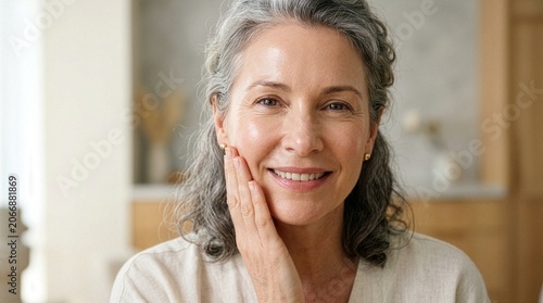 Portrait of old woman, taking face cream for older skin with fingertip. Adver, smile and touch for self care, Close up