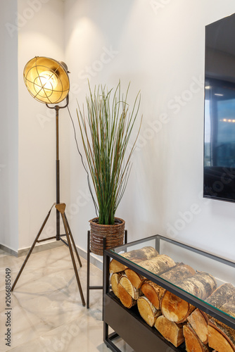 Modern luxury living room interior with panoramic windows