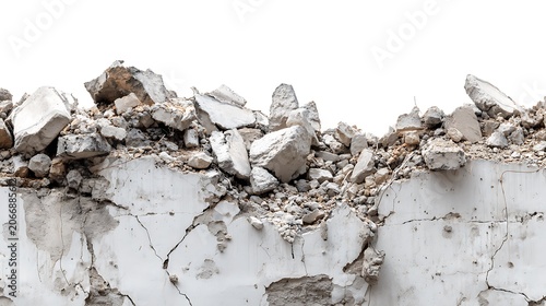 Concrete wall debris and rubble after building demolition.