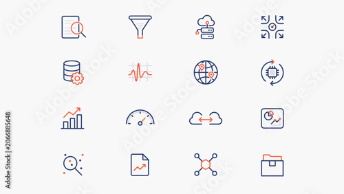 Set of sixteen modern flat style icons representing data analytics and technology concepts . Vector illustration.