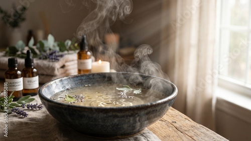 Aromatherapy Steam with Essential Oils, Relaxing Home Spa Wellness Concept