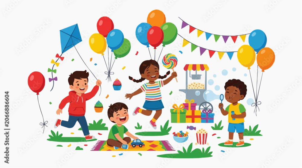 Fototapeta premium A vibrant and joyous celebration with children playing with a kite, balloons, and enjoying treats at a funfair, complete with a popcorn machine and gift boxes isolated on white background