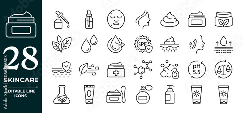 Skin care line icons set. Moisture cream, acid, anti wrinkle serum, ceramide, collagen, retinol compound, sunscreen vector illustration Collection Set