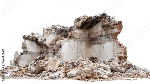 Large pile of concrete rubble and building debris isolated on white background.