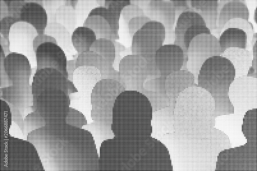 A crowd of people silhouettes faces unknown in a gray scale illustration