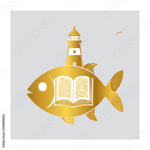 Golden fish with open book and lighthouse illustration