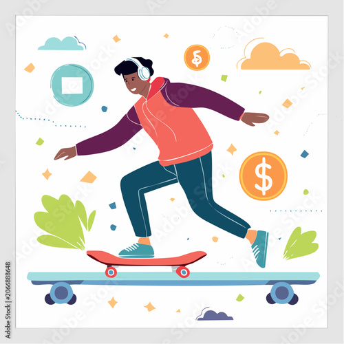 Man on Skateboard Listening to Music with Dollar Signs and Clouds