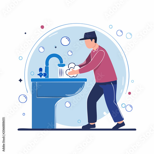 Man washing hands with soap and water at a sink