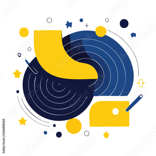 Abstract illustration of vinyl record and stylus with geometric shapes
