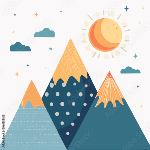 Stylized Mountains with Sun and Clouds