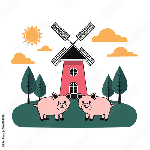Cute pigs in front of a windmill with sun and clouds