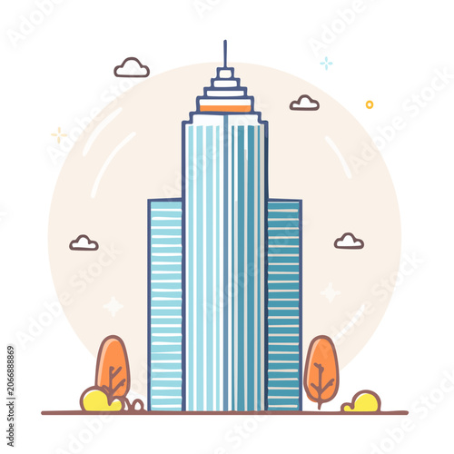Flat design illustration of a modern skyscraper with clouds and trees