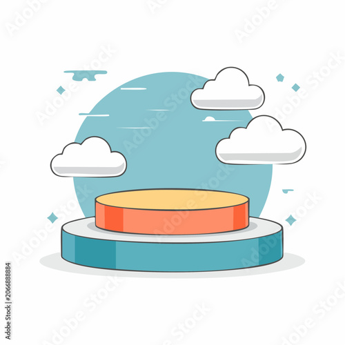 Flat design stage podium with clouds and sky
