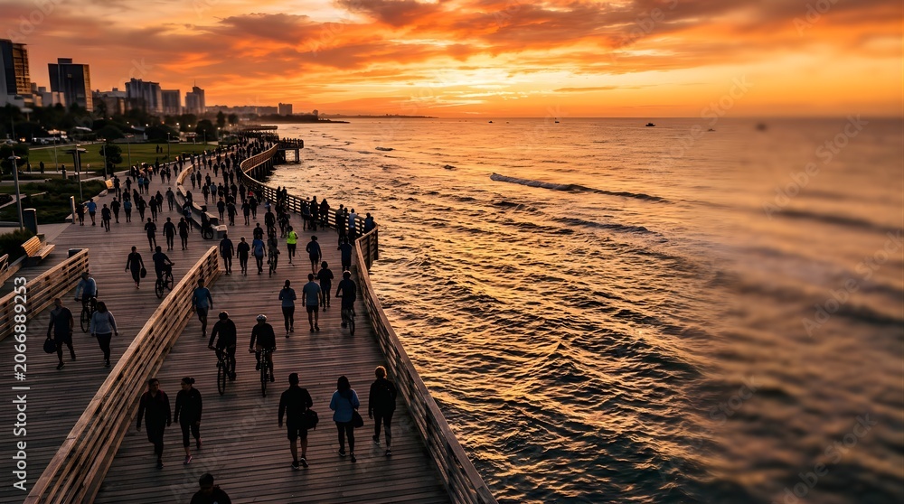 Obraz premium People walking and cycling on a wooden pier by the sea during sunset