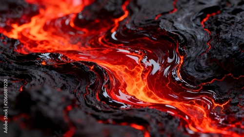 Flowing molten lava with solidified rock