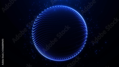 Obraz na płótnie Glowing blue sphere formed by curved network lines and floating particles, ideal for digital twins, global analytics, cloud computing and futuristic data visualization
