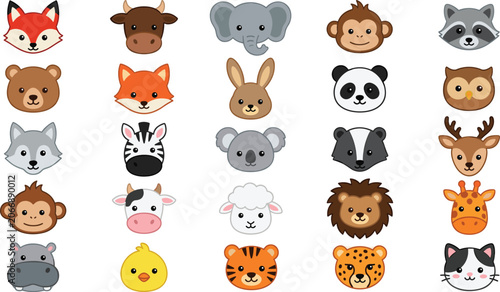 Canvas Print Cute Animal Avatars and Cartoon Faces Vector Illustration Set with Lion, Tiger,