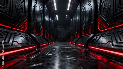 Futuristic corridor with red lighting