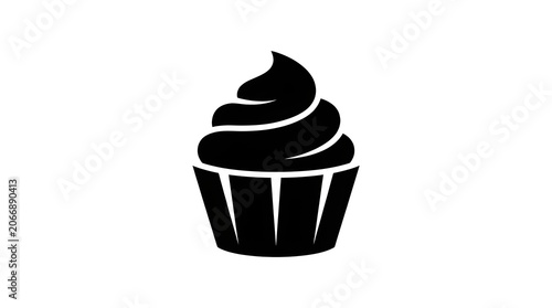 Simple black and white vector icon of a sweet cupcake or muffin with elegant swirling cream frosting.