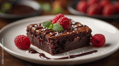Chocolate Brownie with Raspberries and Mint on White Plate