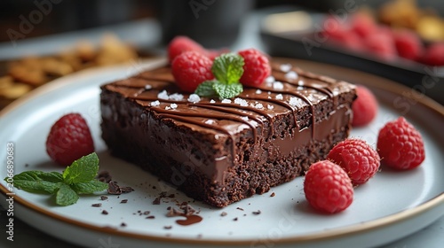 Chocolate Brownie with Raspberries on White Plate