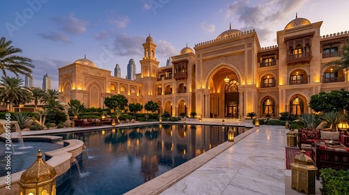 Luxury Arabian Palace Resort with Reflecting Pool at Dusk