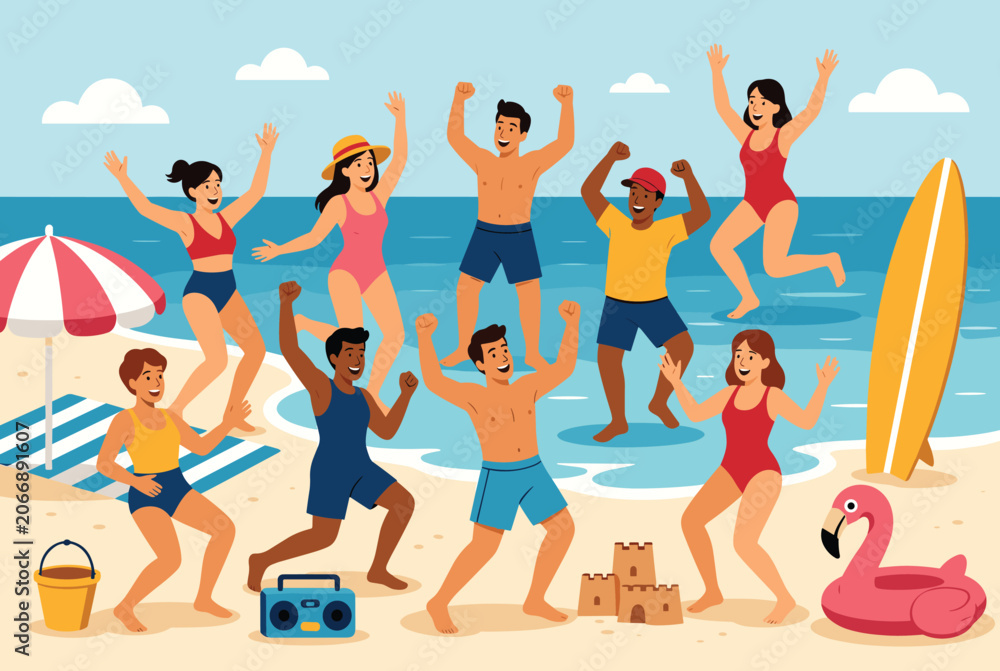 Fototapeta premium Group of happy diverse friends celebrating, jumping, and dancing on a sunny beach during a tropical summer holiday.