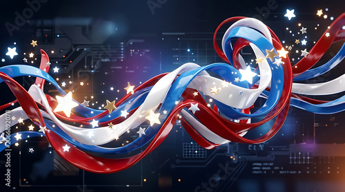 Patriotic abstract background with flowing red white and blue ribbons and stars