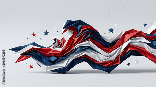 Low poly geometric abstract wave ribbon in red white and blue with geometric