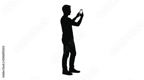 Minimalist black vector silhouette illustration of a man taking a photo with his mobile phone