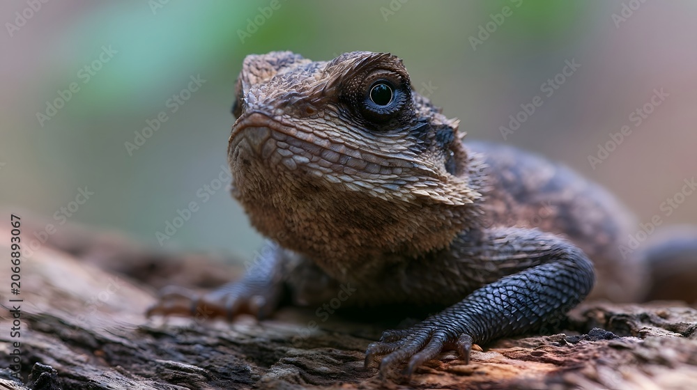 Fototapeta premium A joyful and fluffy lizard rests on a natural log highlighting its soft textures and bright expressive eyes