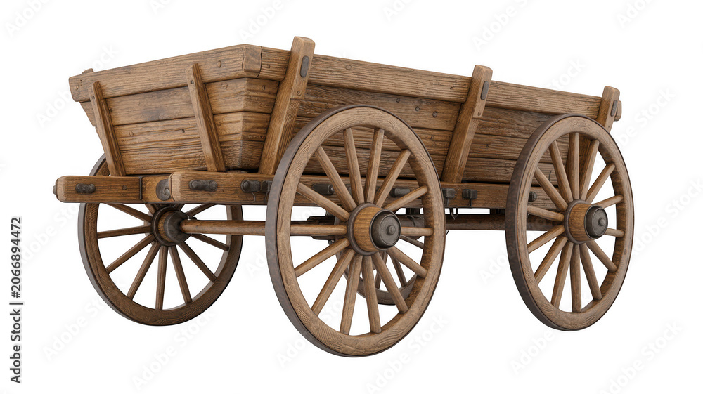 Obraz premium An antique wooden wagon with large spoked wheels and a sturdy plank bed, presented on a white background, for clear visibility, and easy editing