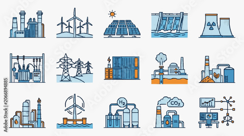 Industrial Energy Infrastructure Icons.