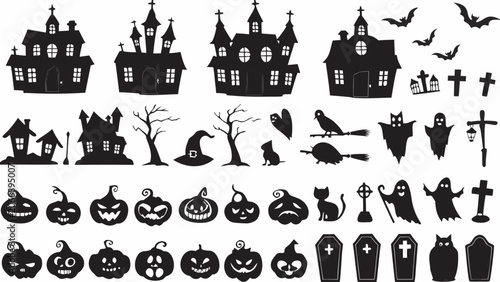 Halloween Silhouette Icon Set Featuring Haunted Houses Jack o lanterns And Spooky Creatures bats