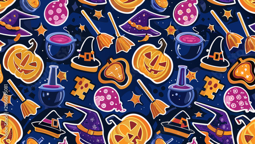 Fotografie Halloween themed pattern featuring pumpkins witch hats potions and brooms in a c
