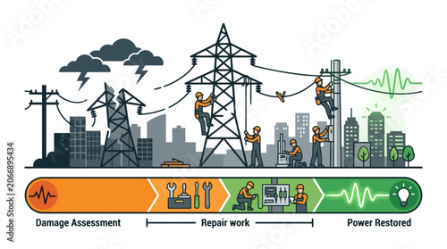 Electrical Grid Repair Process Illustration Showing Damage Assessment and Power Restoration by Technicians. EPS Editable. Vector Illustrations.