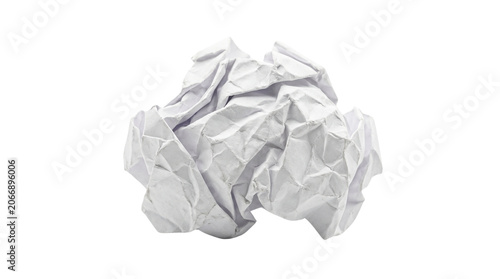Crumpled white paper ball with textured creases, wrinkled paper document representing failure or waste, messy ball of crushed office stationery isolated PNG with Transparent Background