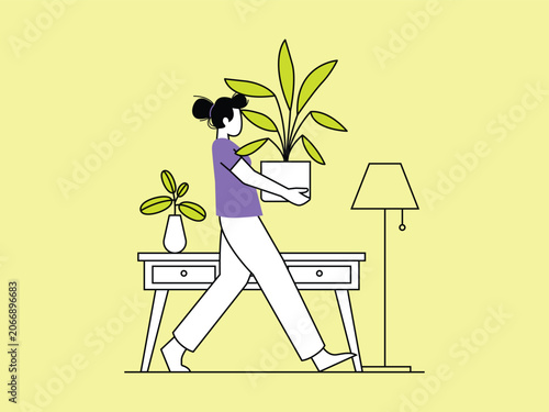 Fotografie Woman moving house carrying indoor plant on wooden table.