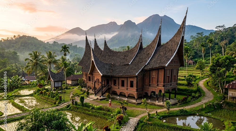 Fototapeta premium Traditional Minangkabau House and Rice Terraces at Sunrise, West Sumatra, Indonesia