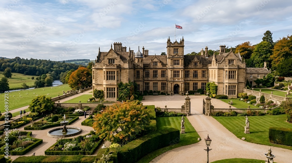 Fototapeta premium Historic Castle Estate with Gardens and Rolling Countryside, UK