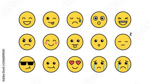 Set of cheerful cartoon emoticons showing different facial expressions and emotions Vector