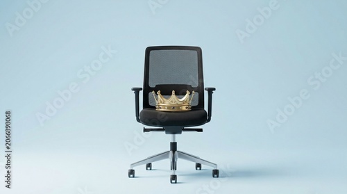 Golden crown on black office chair over blue background conceptual representation of business leadership