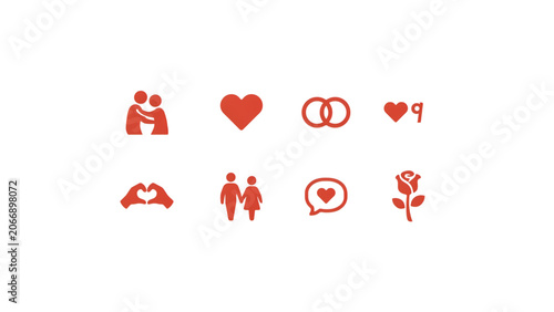 Set of flat red heart and love icons with couples and romantic symbols in minimalist style Vector