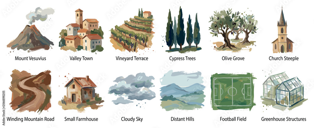 Fototapeta premium Italian landscape icons set. Rural and natural scenery concept. Includes volcano, village, vineyard, cypress trees, olive grove, church, road, farmhouse, clouds, hills, football field,
